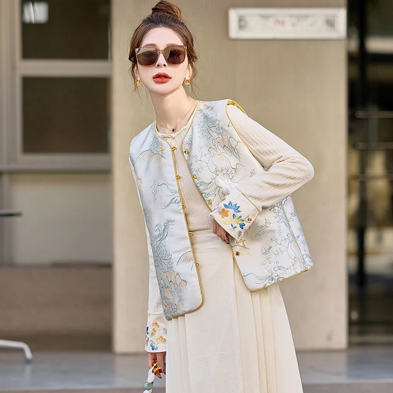 气质名媛高级感国风马甲2025春季新款女装新中式金丝圆领背心外套