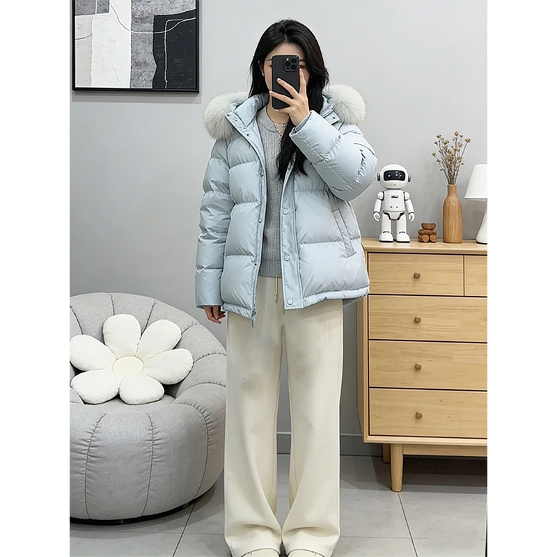 INS CEC韩系蓝色宽松毛领连帽棉服女冬季新款加厚保暖棉衣外套