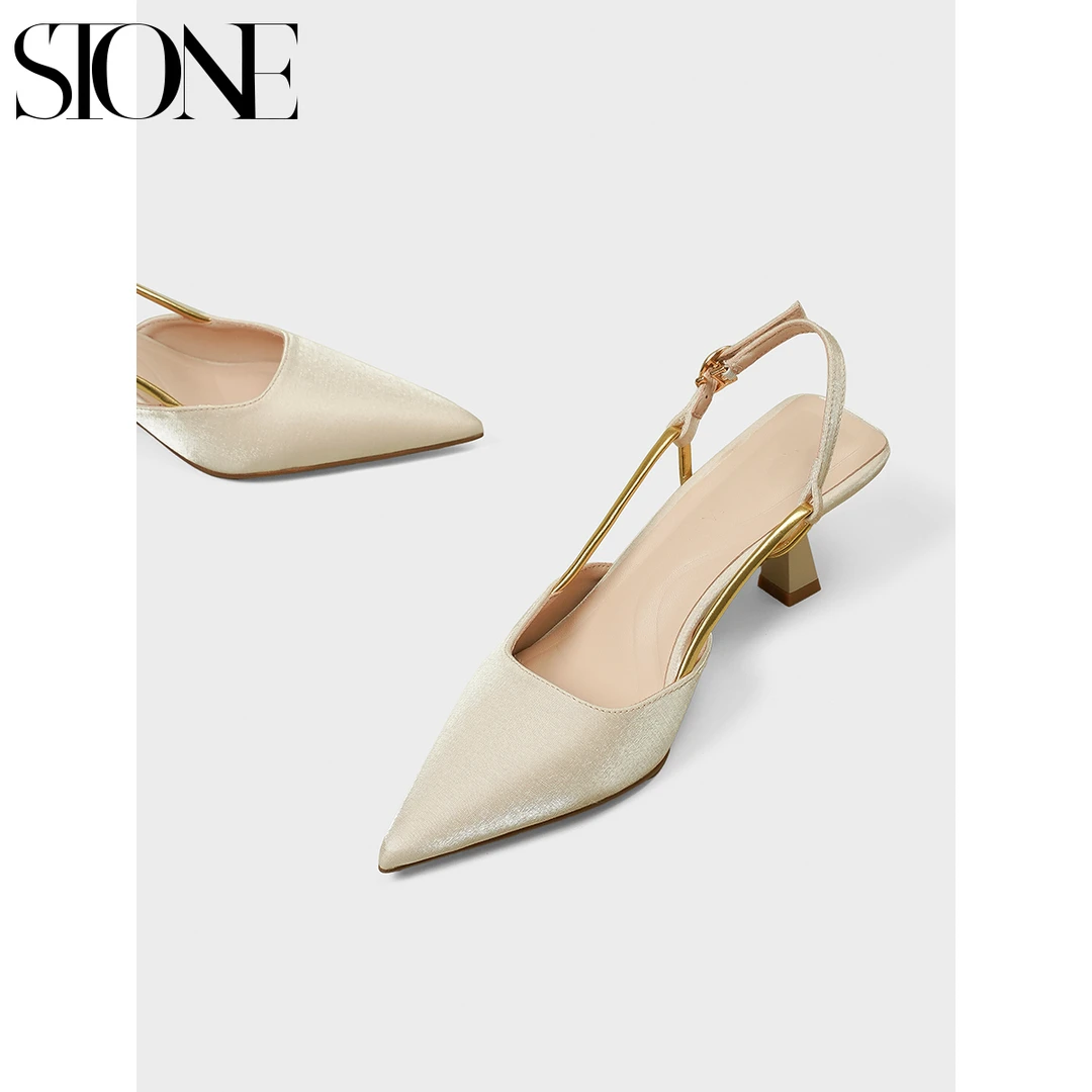 石头家欧若风绸缎气质女绝美低跟高跟鞋尖头细跟单鞋包头凉鞋