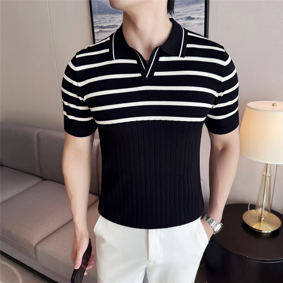夏季男士商务雅痞海鸥领针织POLO衫时尚条纹短袖冰丝T恤男修身