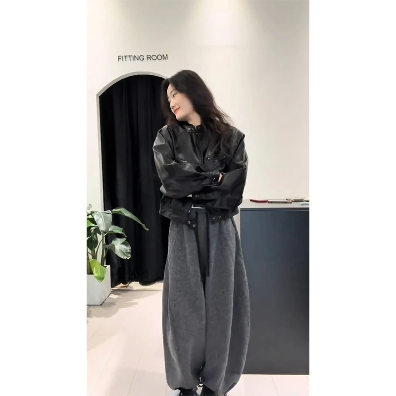 2025秋季新款时尚复古小个子高级感黑色皮衣短外套休闲裤两件套