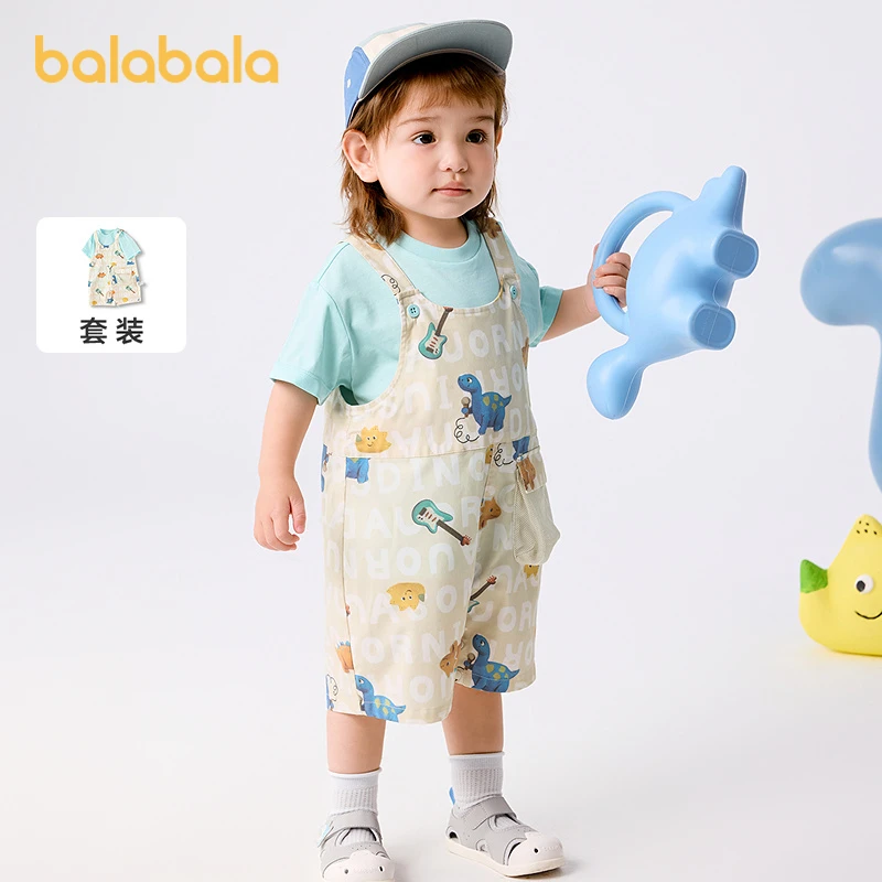 巴拉巴拉宝宝短袖套装男女童夏装洋气背带裤两件套2025新款时髦潮