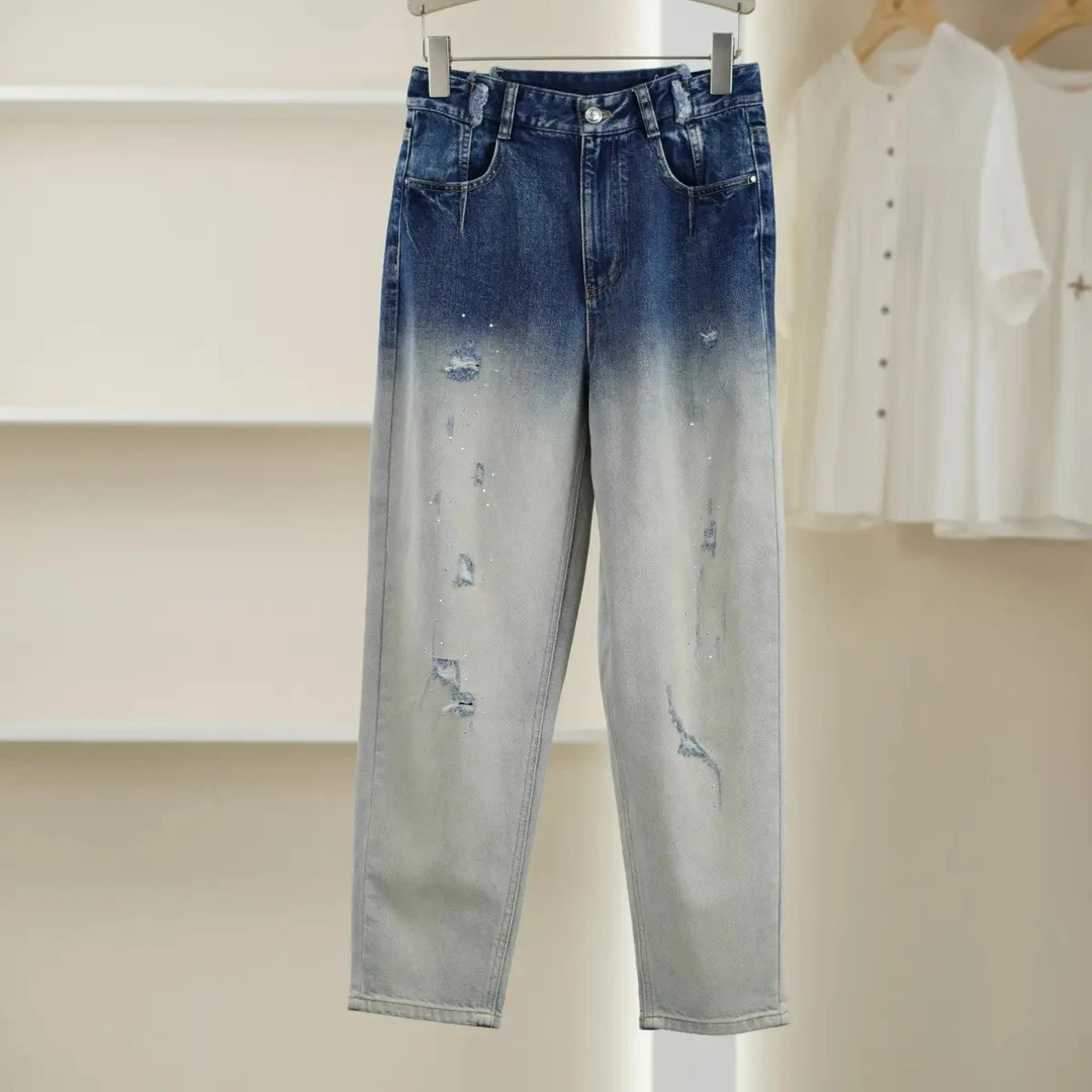 麦迪尚品【H】K682 春秋100%棉韩版高级渐变色牛仔蓝色长裤