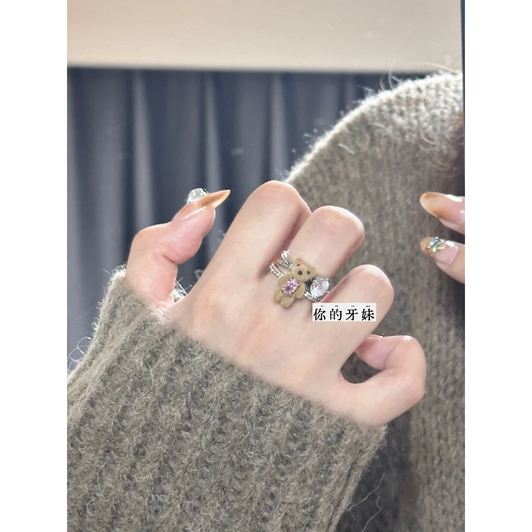 铜合金戒指 小熊粉锆戒指JZ107时尚设计感个性气质精致ins