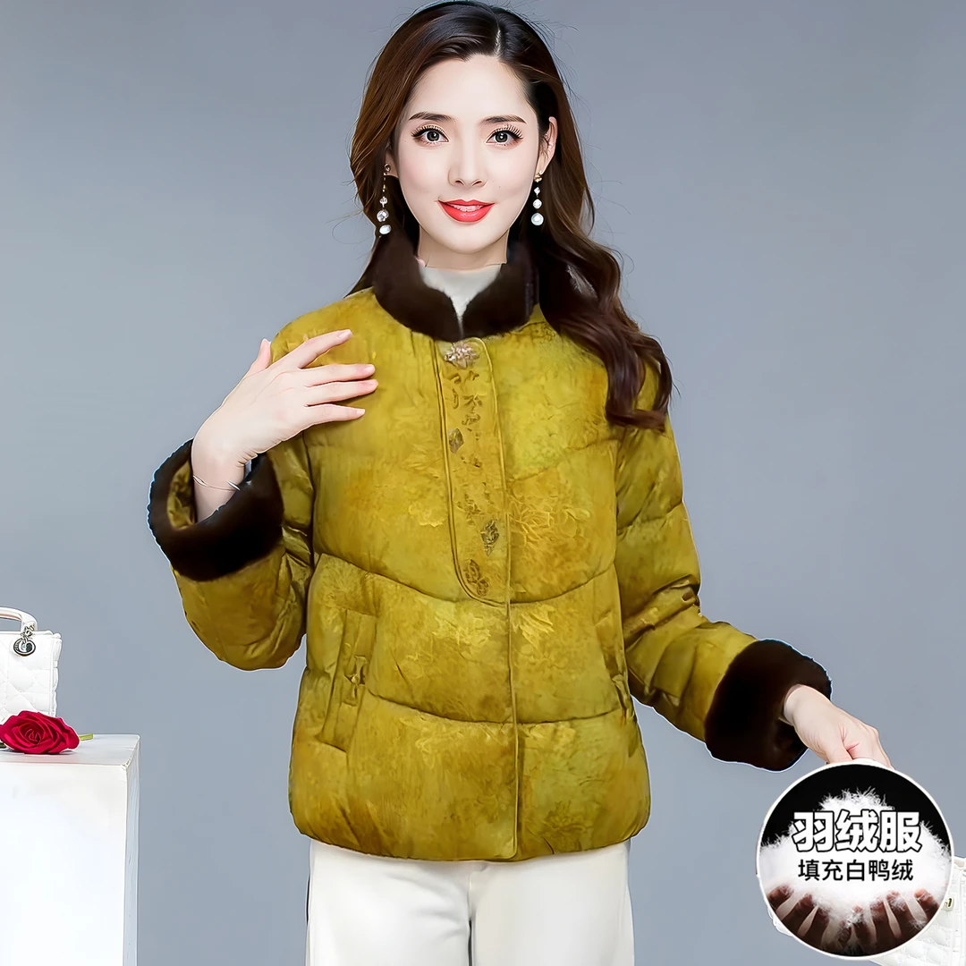 冬季中国风短款加厚妈妈羽绒服女装2025年新款时尚保暖白鸭绒外套