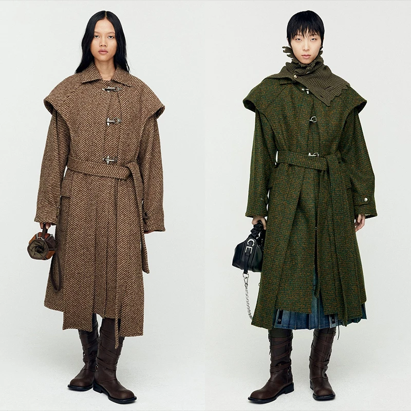 Andersson Bell 设计师品牌CLV概念店斜纹直筒系带双层长款大衣