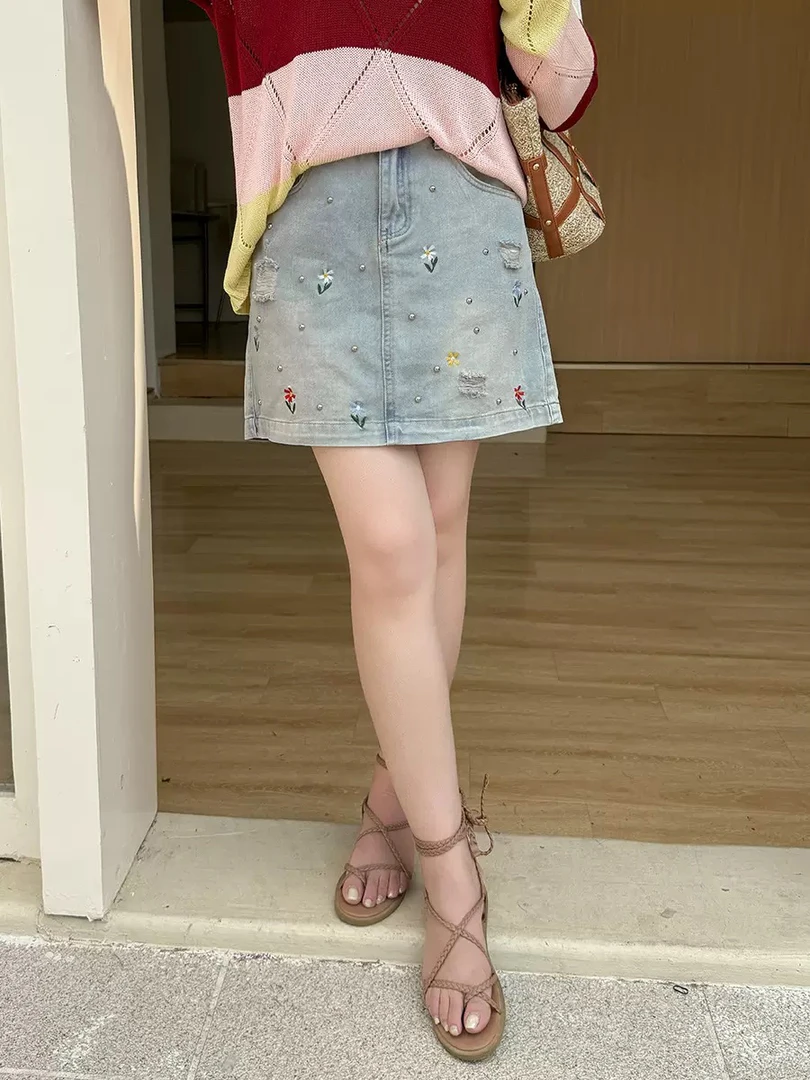 大圆自制 夏季花朵钉珠牛仔短裙