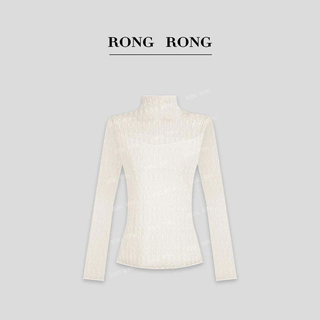 溶溶T【柔光星海】RONGRONG 半高领亮丝网纱木耳边上衣C-L206611-1
