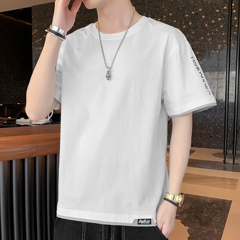 男士T恤短袖2024新款夏季宽松ins潮流男生假两件体恤衫半袖上衣服