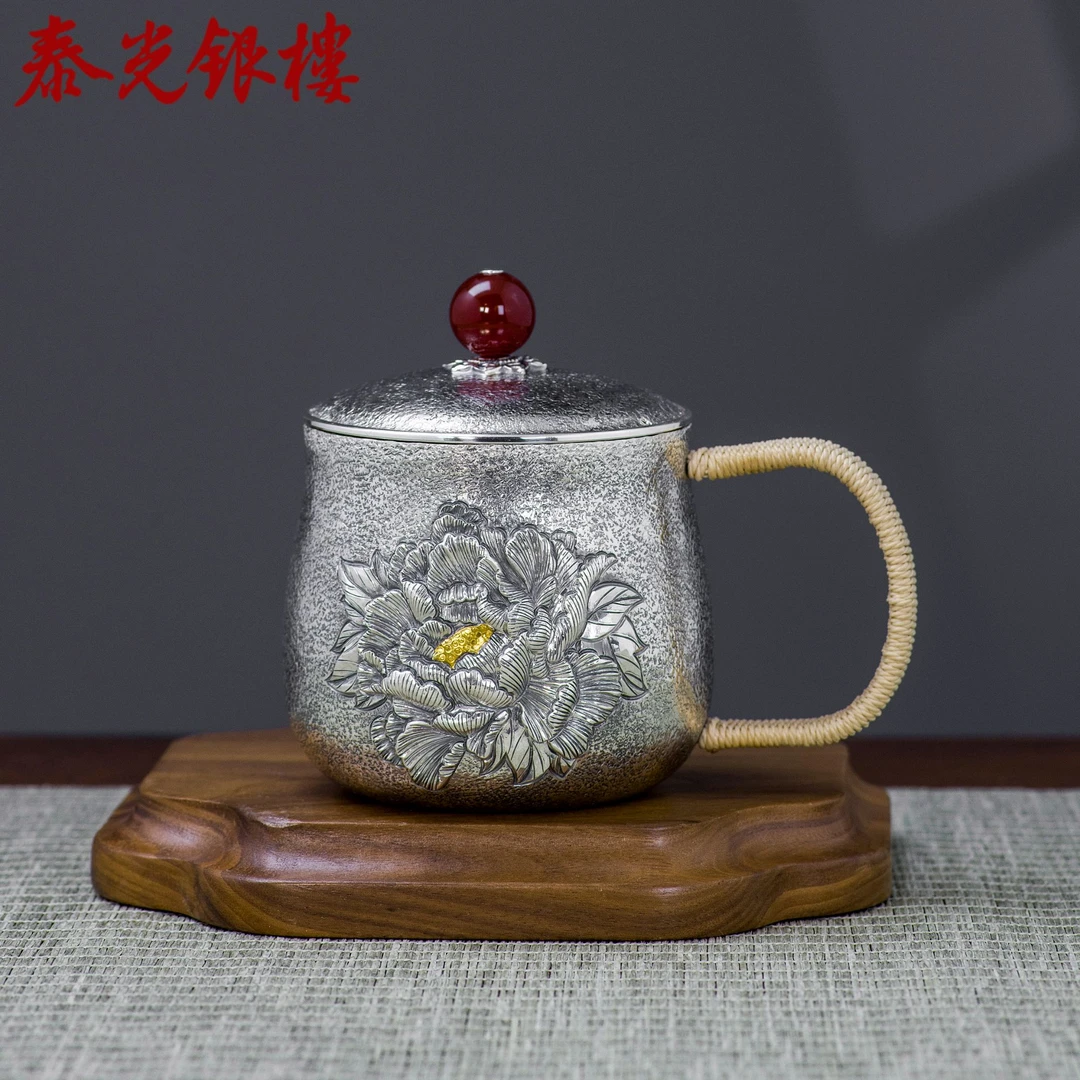泰光银楼 足银银制品 洪泽龙制纯手工双面錾刻牡丹银杯子侧把杯
