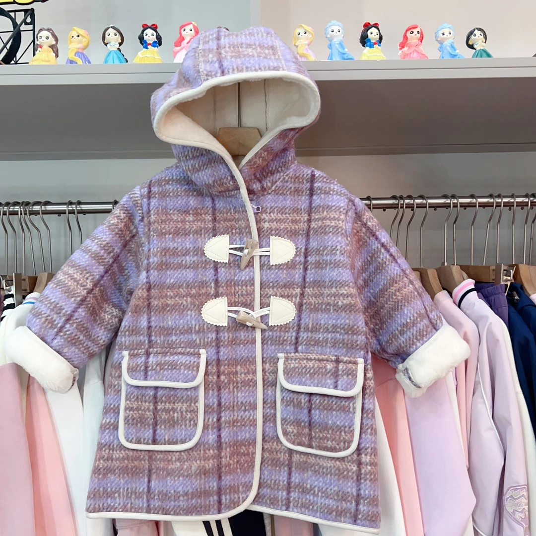 727~紫色格子呢子大衣（仿兔毛）