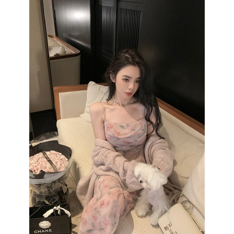 【优质】纯欲风新款收腰修身显瘦无袖玫瑰印花荡领碎花吊带连衣裙女