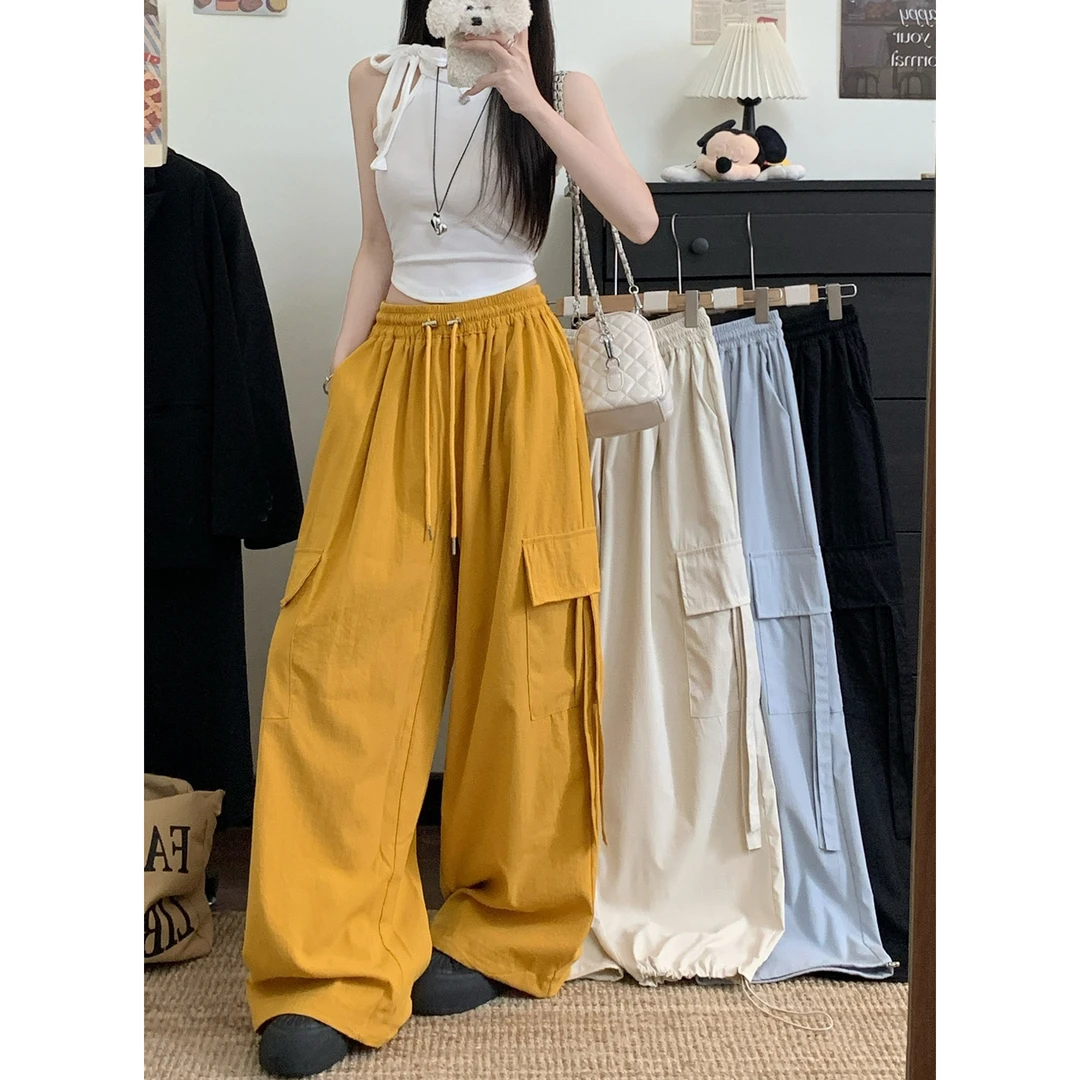 【如如专属】2025松紧腰个性工装裤抽绳大口袋直筒休闲束脚裤女