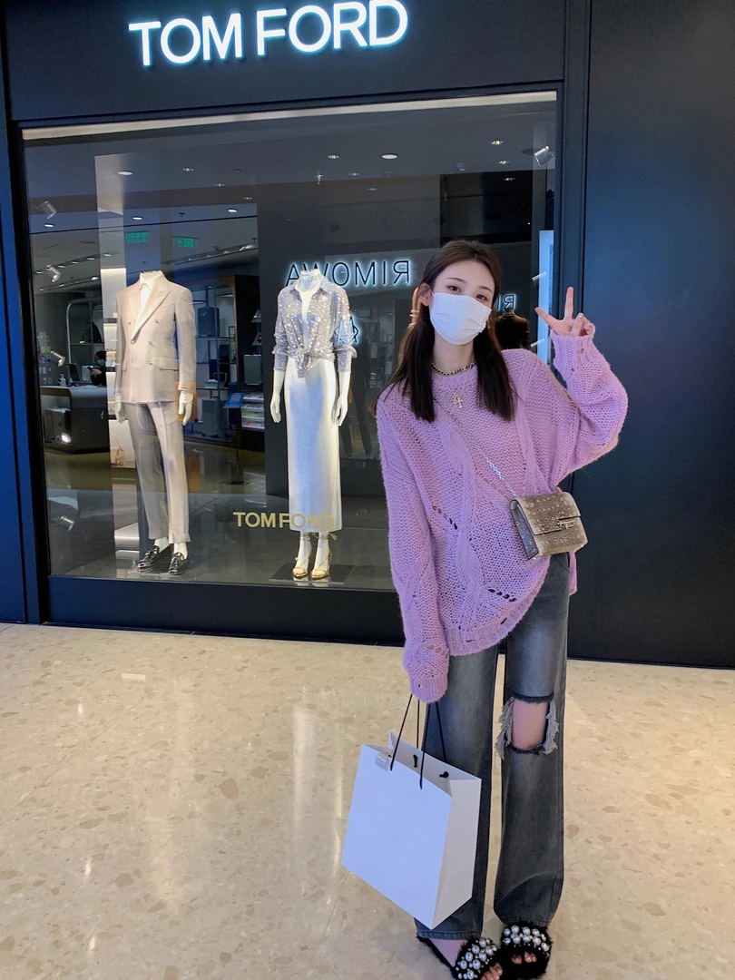 aaaaxbbb 灰调慵懒舒适破洞灰色直筒牛仔裤女遮胯长裤-折扣