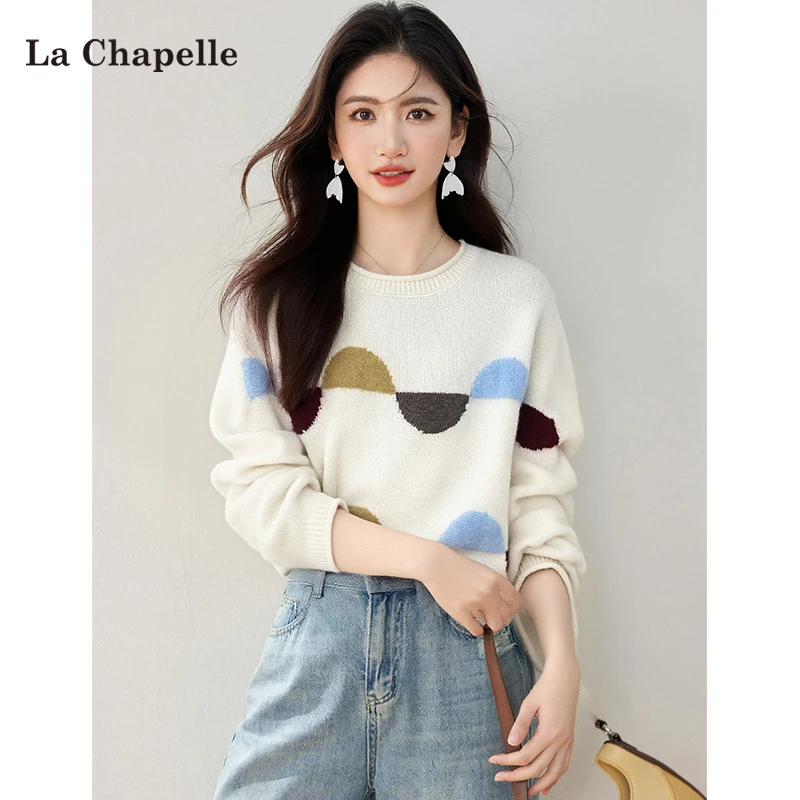 拉夏贝尔圆领针织衫女2025秋季韩系拼色奶fufu设计软糯宽松毛衣