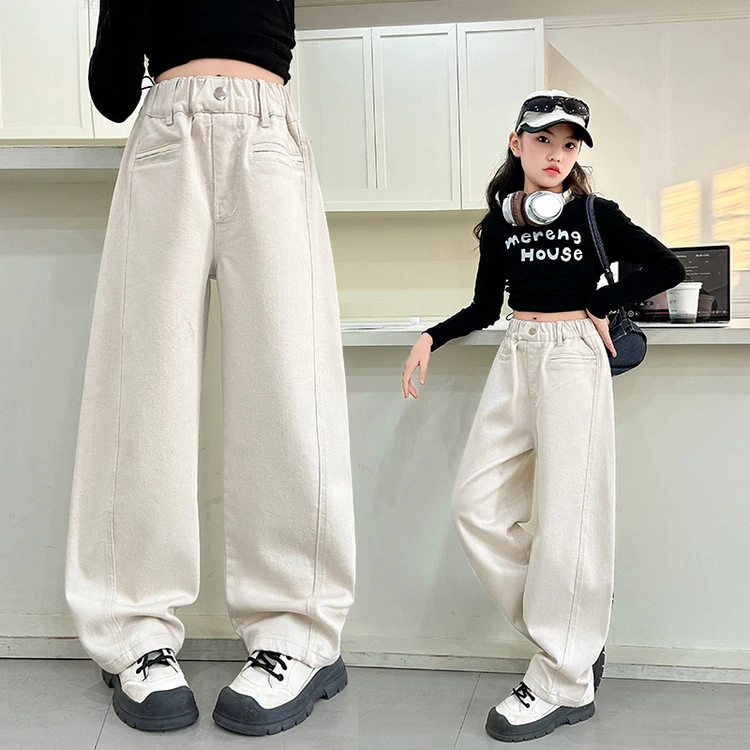 休闲阔腿裤直筒牛仔洋气白色长裤百搭新款2025女童初中生棉布春季