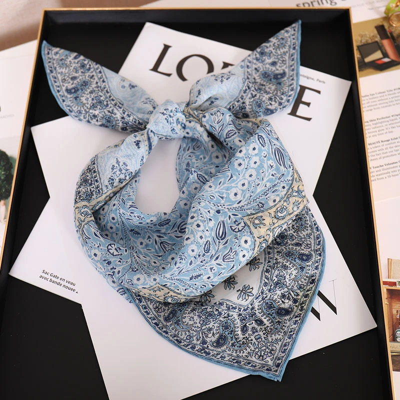 新品 清新淡蓝色生命树桑蚕丝乔其纱65方巾夏季薄款透气真丝围巾