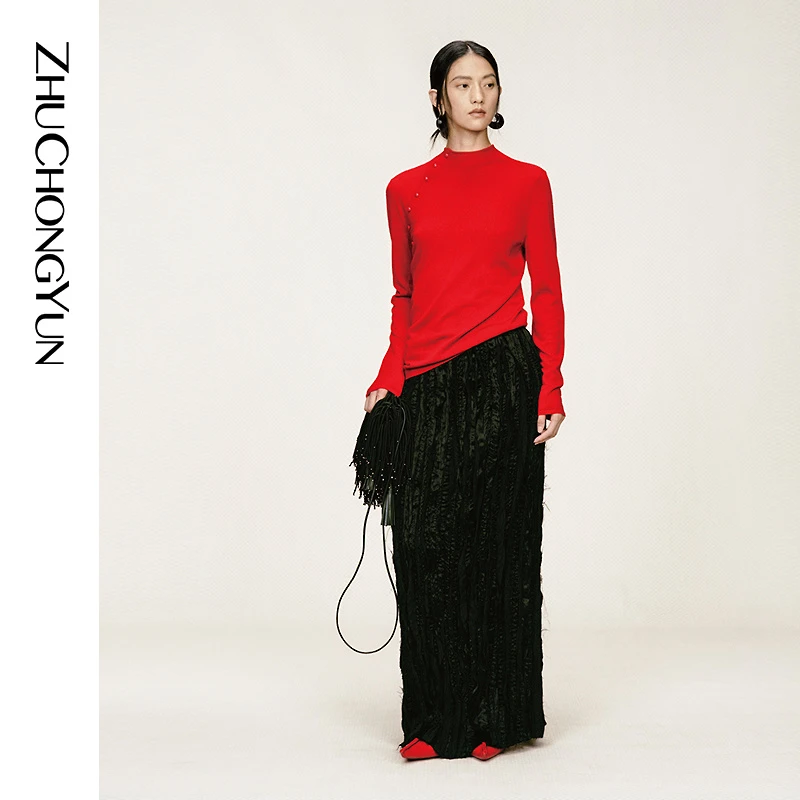 ZHUCHONGYUN2025冬新款斜门襟上衣修身版型针织衣CCFZ4805M