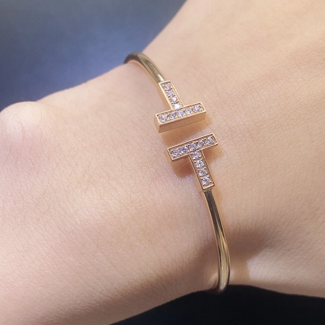 钻石手镯18K金镶嵌双T手镯K玫