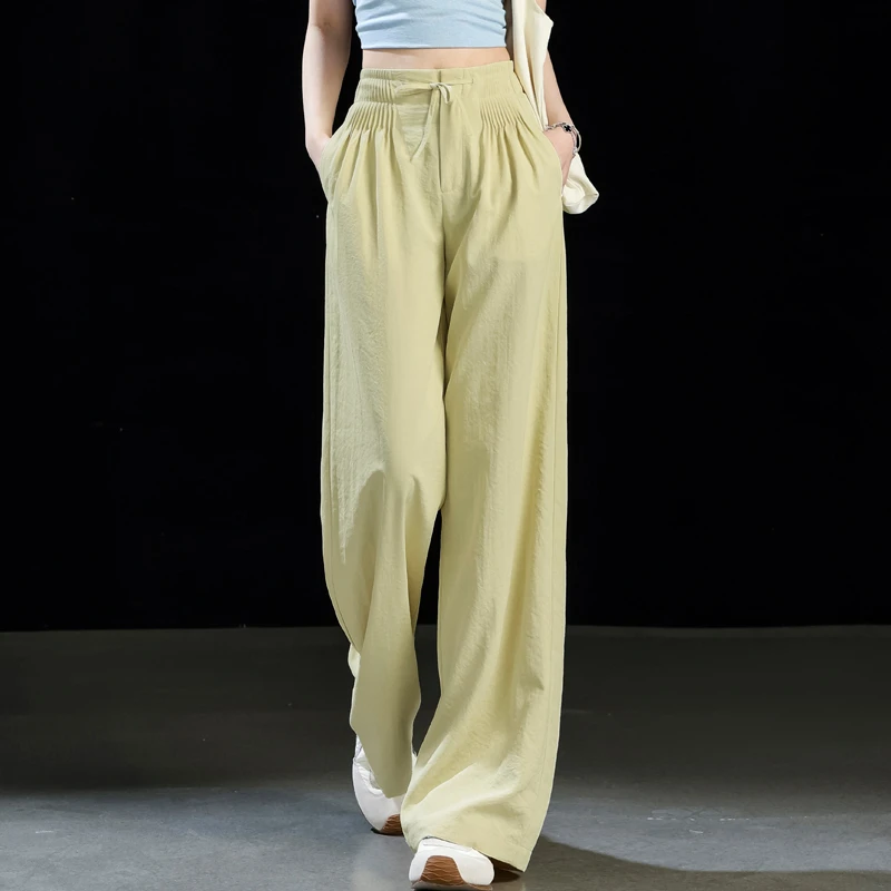 女士夏季薄款裤子2025新款今年流行爆款宽松阔腿裤褶皱高腰直筒裤
