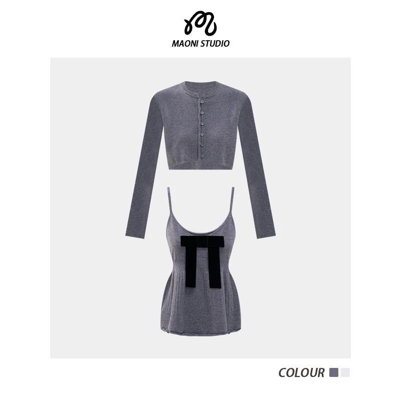 毛妮LADIESFIRST韩版气质套装蝴蝶结吊带针织小开衫两件套女L2945