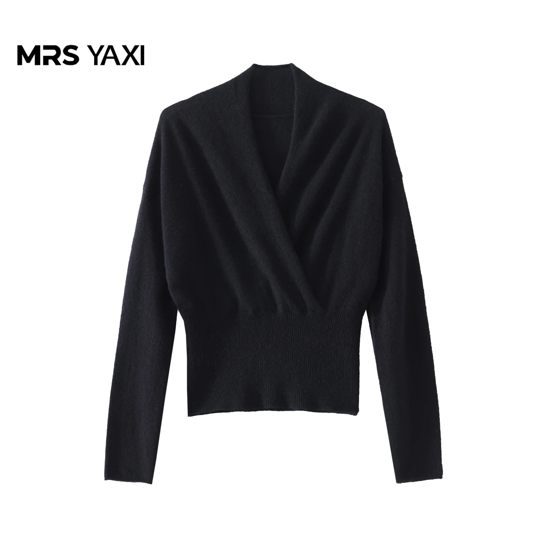 Mrsyaxi气质慵懒风V领交叉纯羊绒针织开衫YX5082102