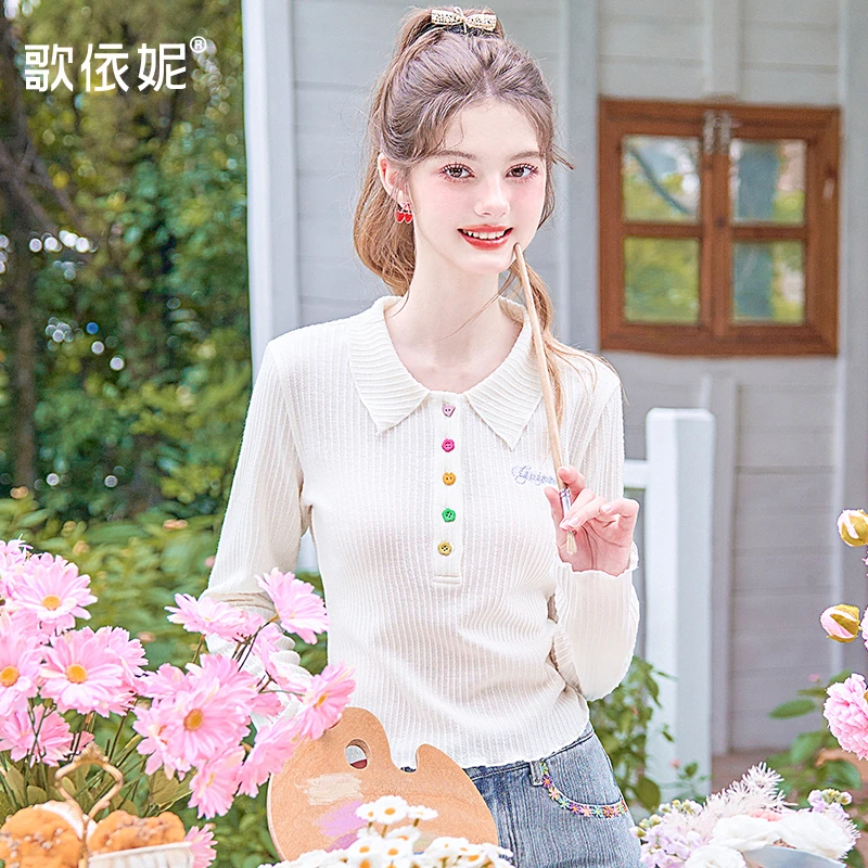 歌依妮秋季新款女甜美POLO领学院风休闲内搭打底衫长袖T恤上衣