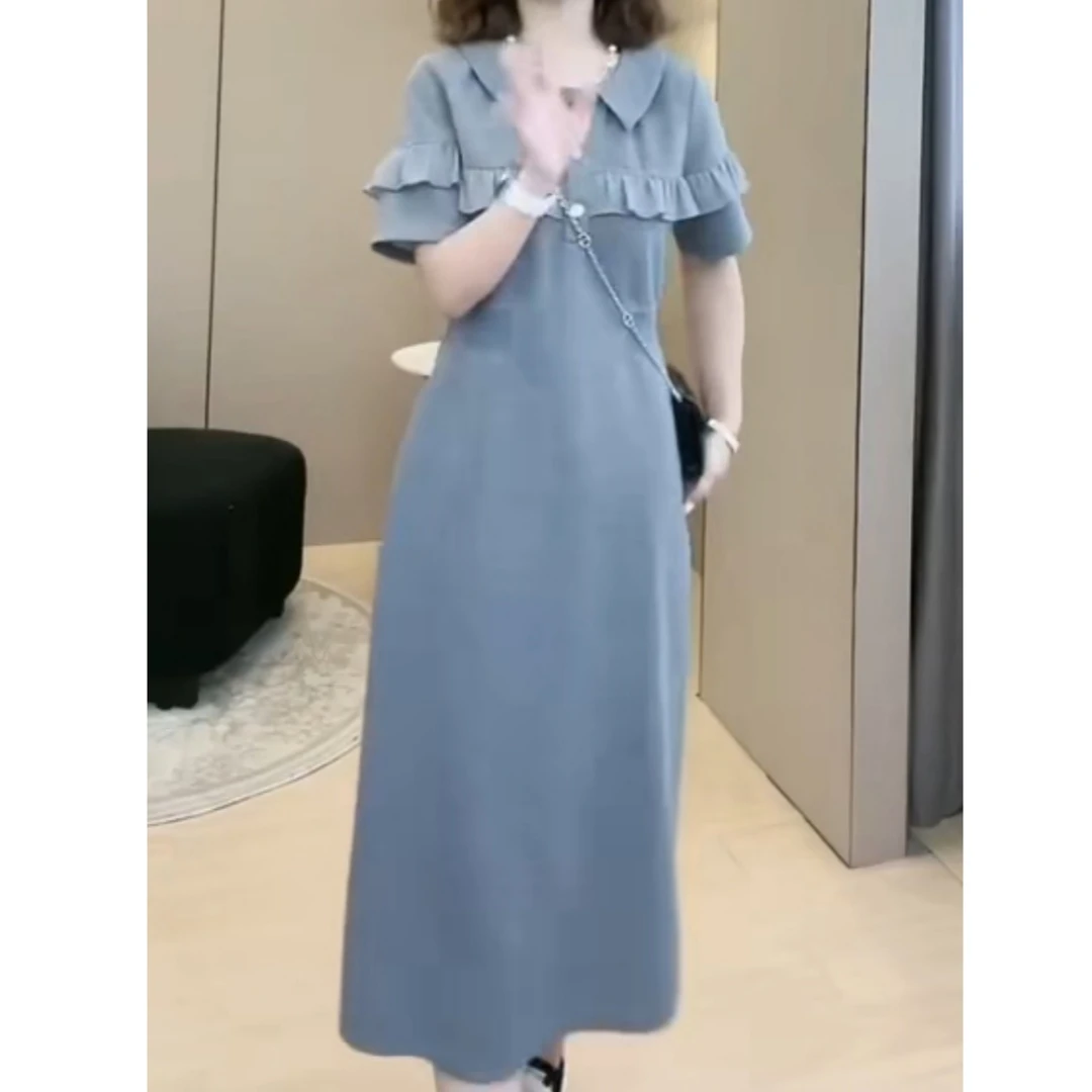 法式气质连衣裙翻领衬衫裙子通勤短袖夏季修身新款收腰开叉M8311