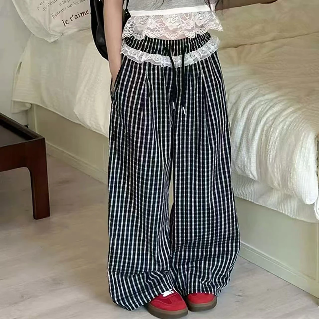 【丫丫童品】2025夏季新款女中童腰头花边格子休闲裤百搭韩版-K218