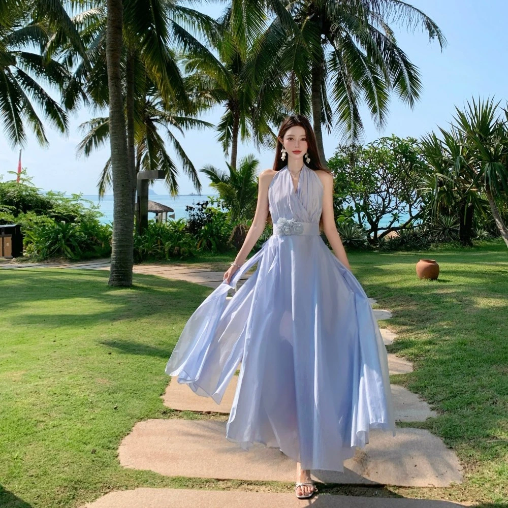 缪斯爱神挂脖仙女立体花朵多裁片连衣裙长裙裙子度假裙