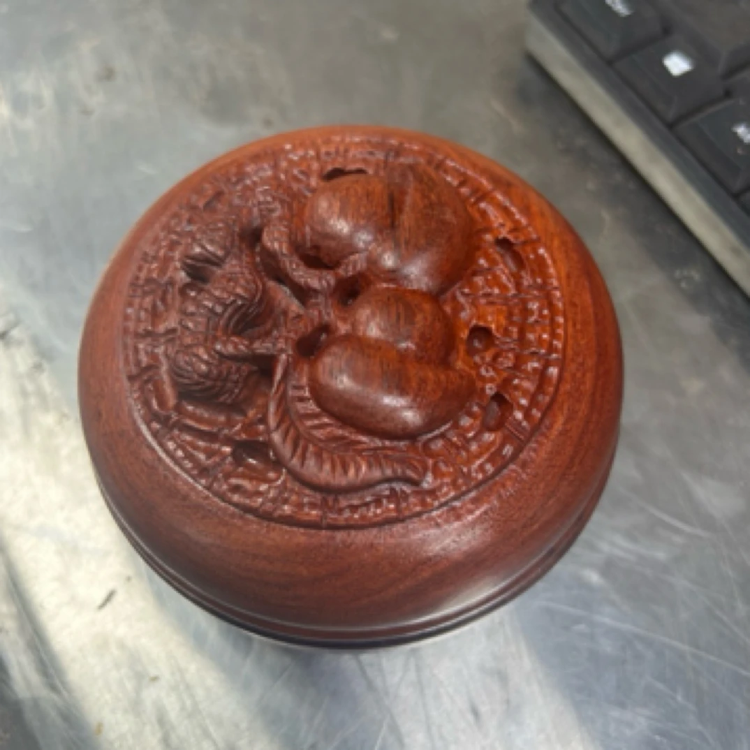 缅甸花梨木手工雕刻寿桃款多功能首饰盒印泥盒多用004