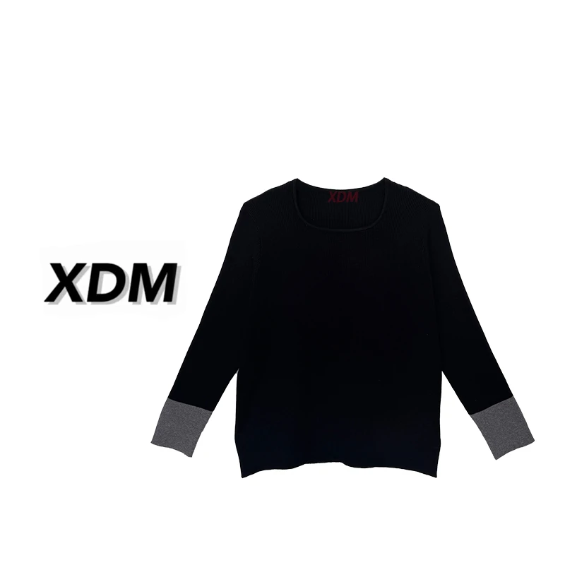 【薛大苗专属】内搭方领长袖针织打底衫女大码设计感拼接撞色上衣