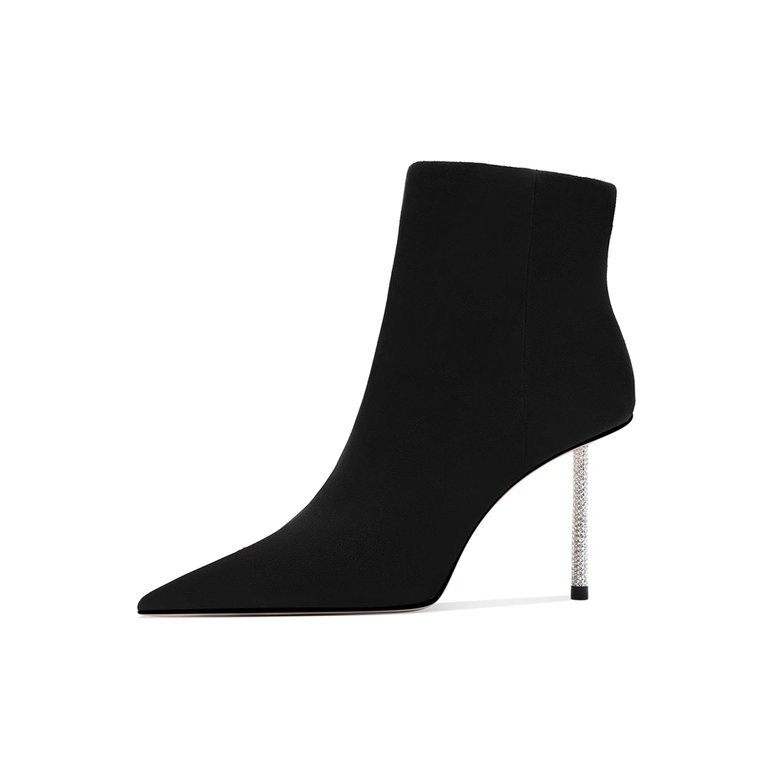 S48-2024秋冬季短靴上新带钻实心跟真皮女士短靴尖头细高跟绒里