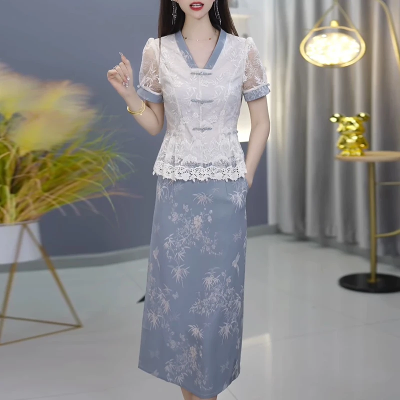 今年流行爆款气质两件套改良版连衣裙女夏上衣半身裙新中式套装裙