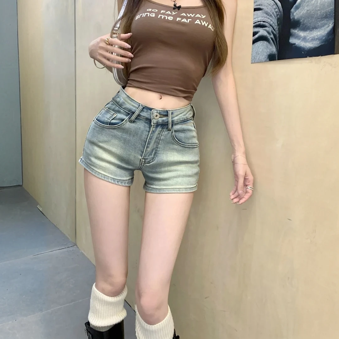 美式辣妹水洗浅色牛仔短裤女夏季低腰修身包臀热裤小个子直筒裤子
