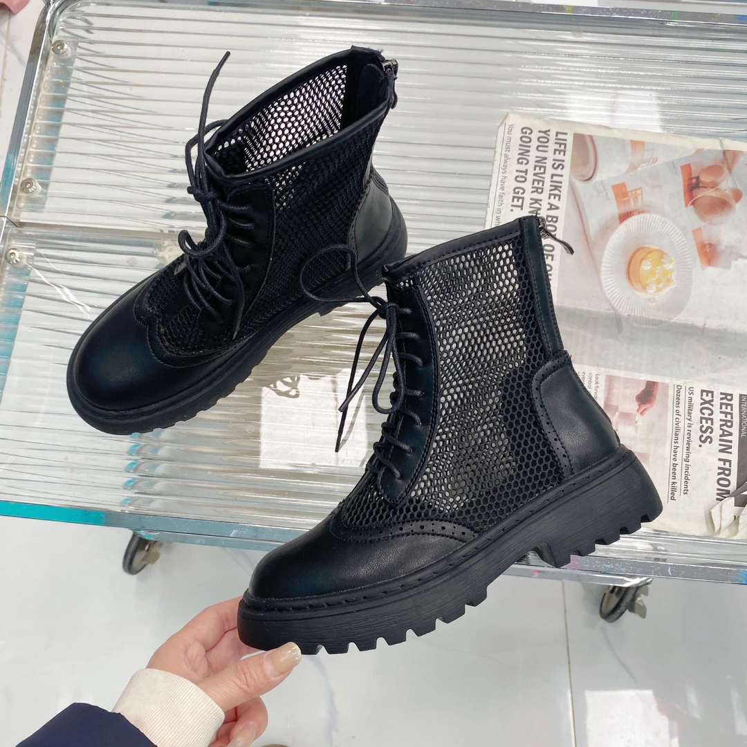 898-227厚底马丁靴女2025春秋天新款薄网纱配裙子圆头短靴英伦风