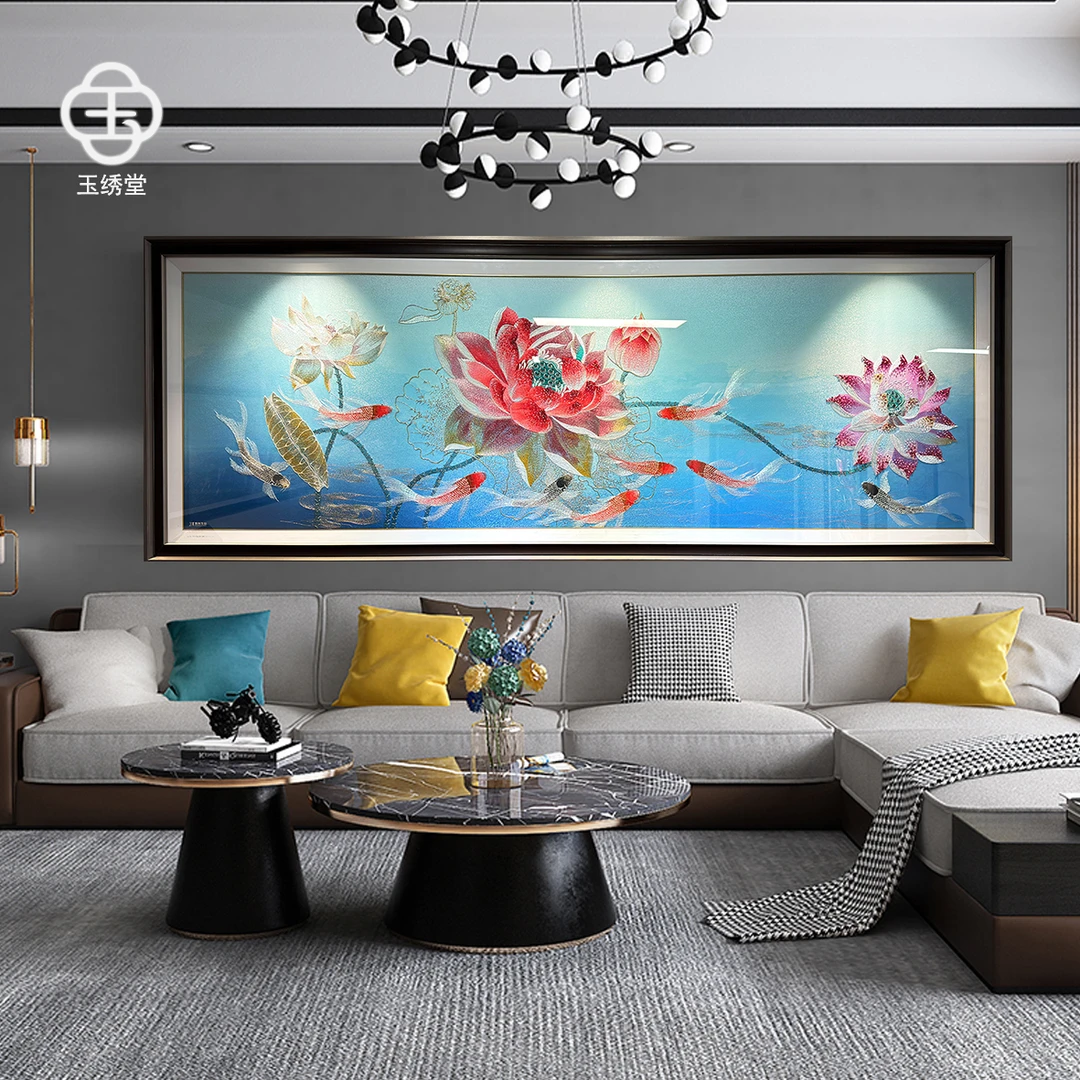 荷花九鱼图珠绣高定客厅沙发背景墙装饰画高档中式风壁画