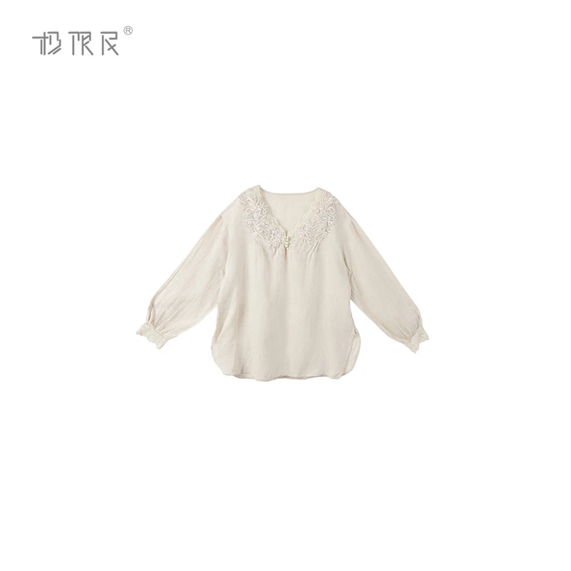 极限民《绣丽》夏季新中式欧若风钉珠蕾丝宽松上衣F5105A0304