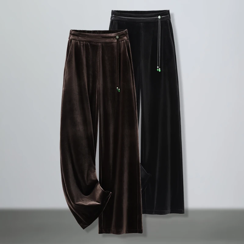 时尚金丝绒休闲裤直筒裤女2025秋季新款松紧高腰窄版阔腿裤子9920