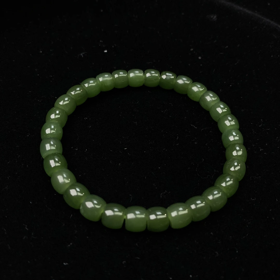 【芳華珠宝X】·和田玉· 老料菠菜绿6*7MM极限弧直切玉手串国风素圈