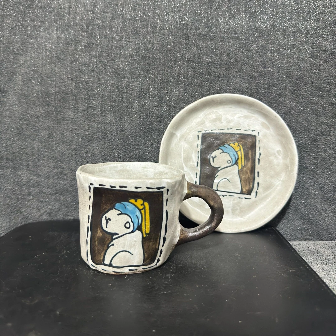 390手柄款盖子款可爱创意优雅马克杯家用粗陶杯碟可爱手捏牛奶杯