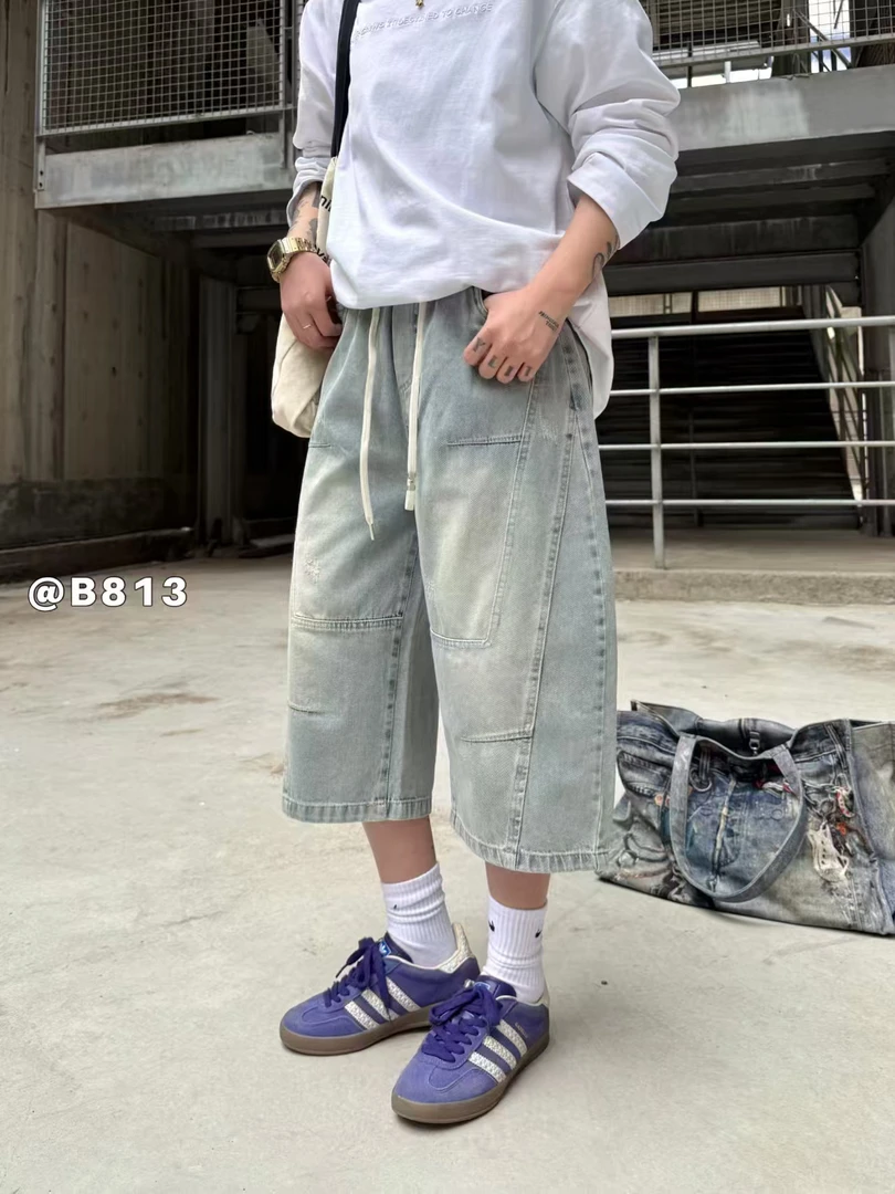 复古做旧夏季直筒裤常规款中腰阔腿裤短裤七分裤青年薄款
