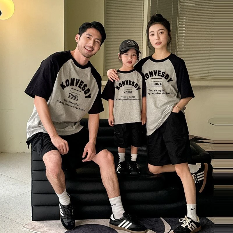 新款夏亲子装一家三口四口婴儿百天拍照母子母女纯白短袖T恤插肩