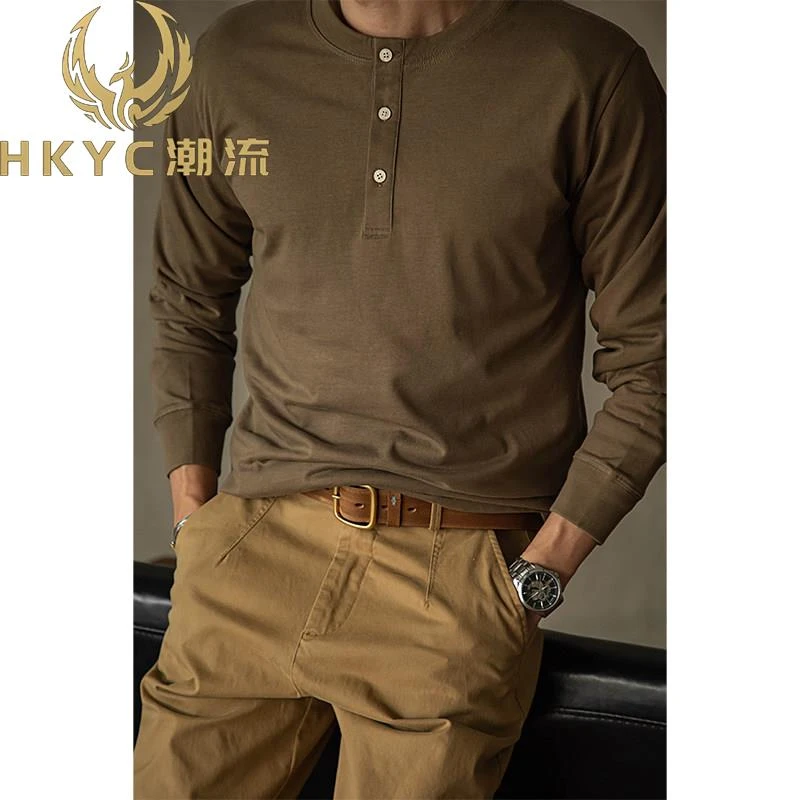 HKYC2025工装美式复古硬汉风重磅亨利衫T恤长袖内搭打底衫男秋冬