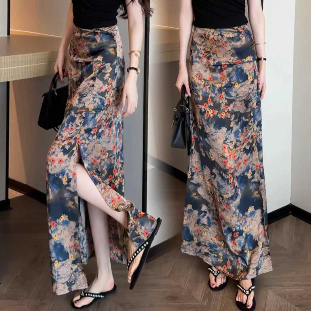 新中式印花复古半身裙女2025年夏季新款高腰显瘦开叉直筒碎花裙子