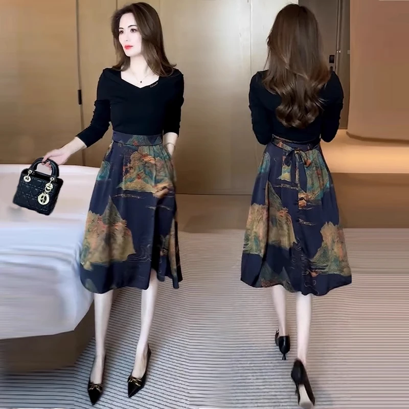 早秋新款连衣裙女秋季时尚气质假两件拼接中长款遮肚显瘦A字裙子