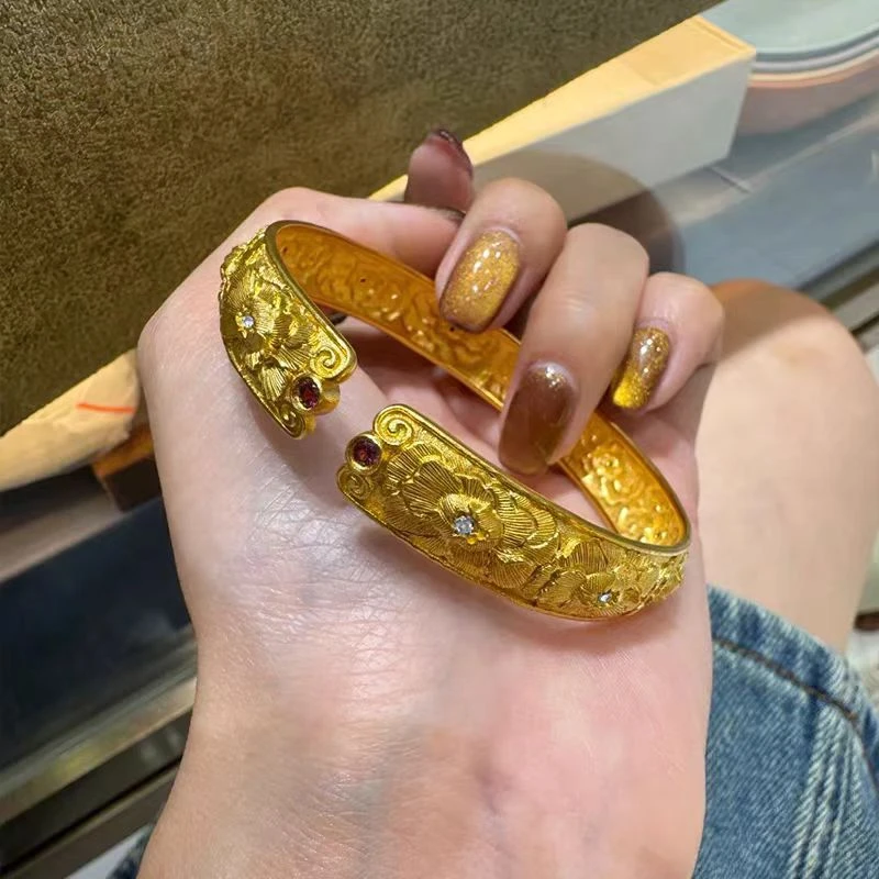 铜合金手镯 合金花开富贵手镯开口设计小众高级感