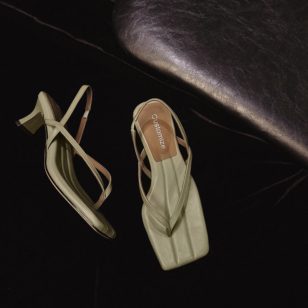 Sheriley77小众百搭绿色方头低跟夏季外穿百搭时尚高跟夹趾凉鞋