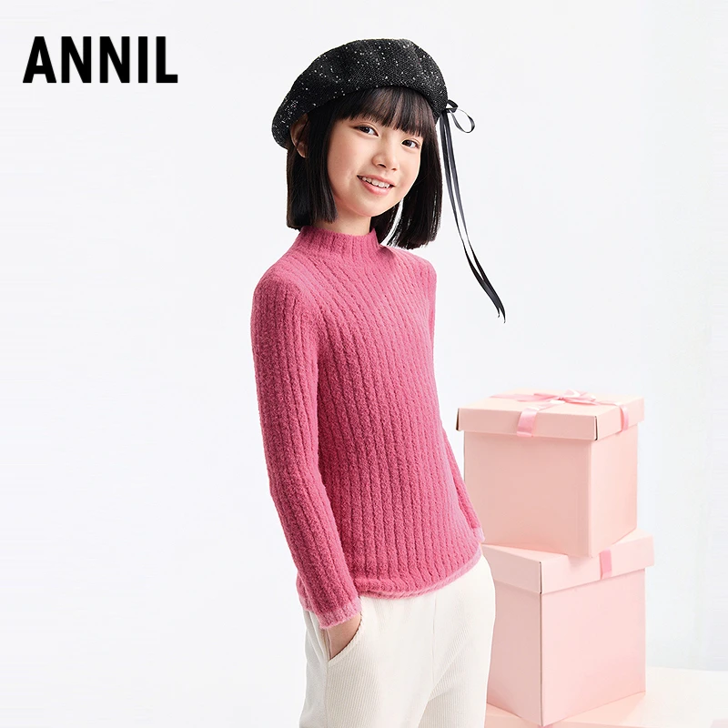 安奈儿女童半高中领坑条毛衣2025冬新款保暖显瘦针织毛衫EG544625