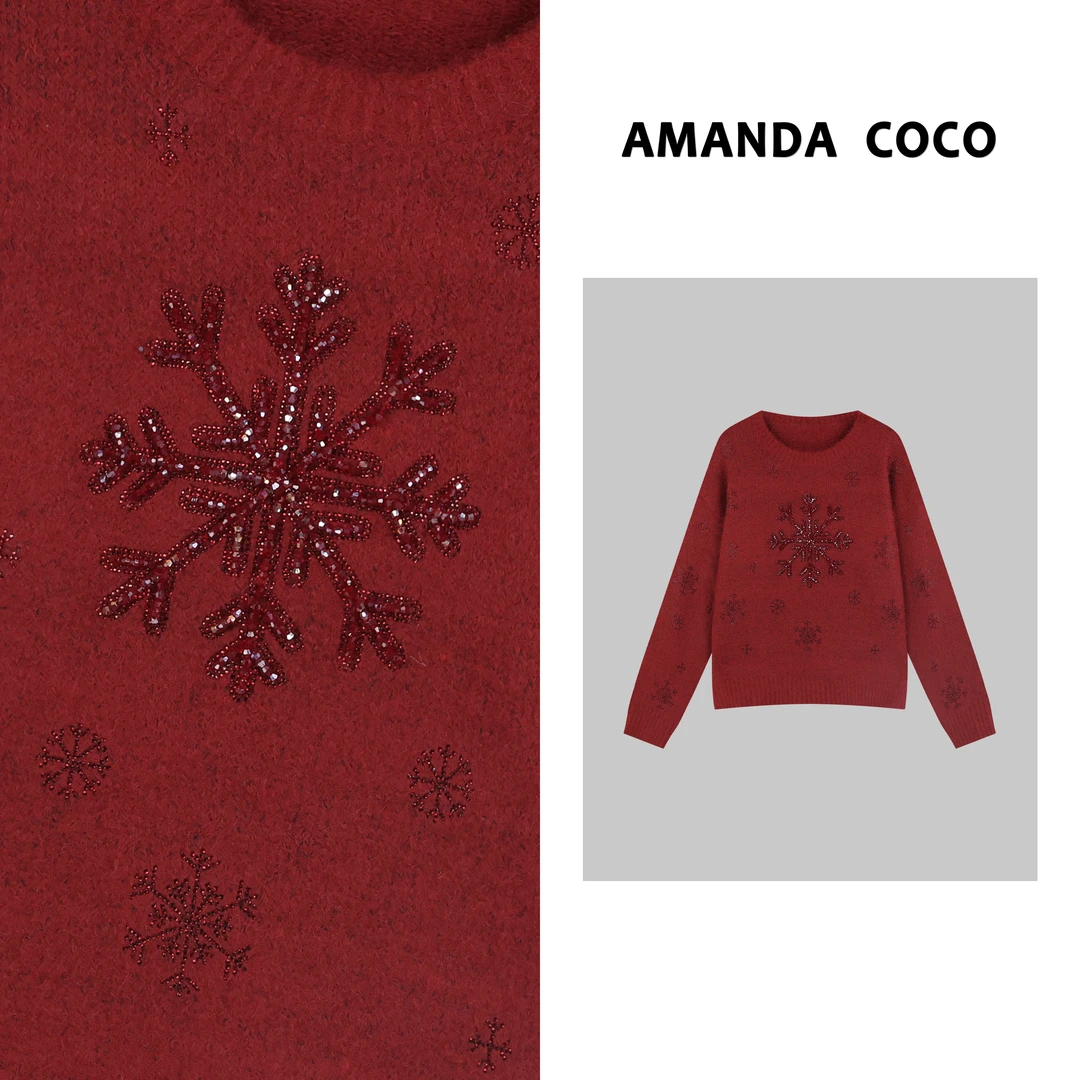 小雅#  高定重工雪花串珠毛衣秋冬时尚圆领轻奢